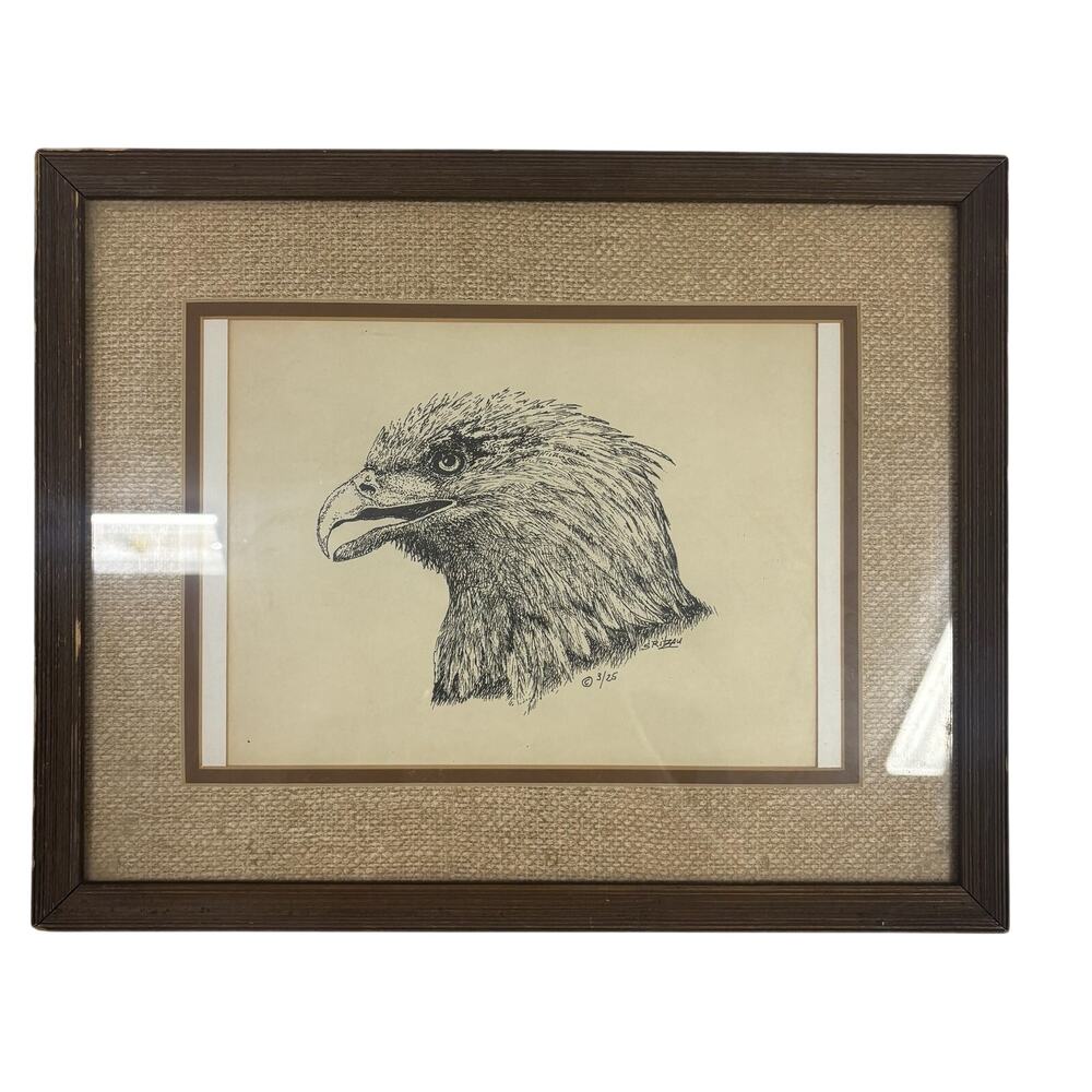 RARE Vintage Original~S. Rizau?~Signed Eagle Head drawing Print #3/25 15x12"
